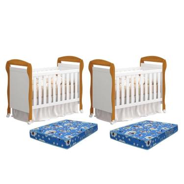 Imagem de Kit Gêmeos Berço Mini Cama Danny Branco/savana Com Colchões Baby Physical - Reller Móveis Branco/savana