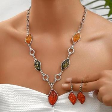 Imagem de Conjunto De Joias Étnicas Coloridas Com Pedras, Colar E Brincos Vintag