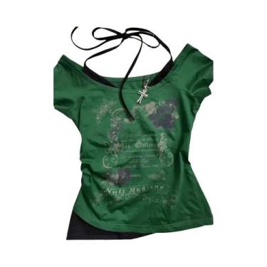 Imagem de Camiseta Verde Y2K Punk Para Mulheres, Top Casual Vintage Doce E Sexy 