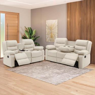 Imagem de Conjunto de Poltronas Reclináveis Hollywood com Massagem Aquecimento Porta Copos Corino Bege Gran Belo