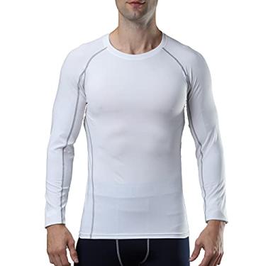 Imagem de Camiseta masculina esportiva de secagem rápida camada de base elástica gola O manga longa esporte treino camiseta tops(X-Large)(Branco)