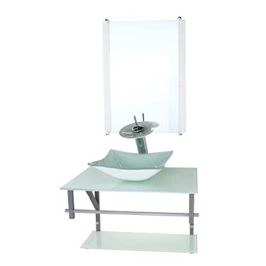 Imagem de GABINETE DE VIDRO PARA BANHEIRO 60CM AC CUBA QUADRADA BRANCO FULL COM TORNEIRA CASCATA