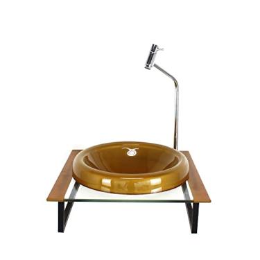 Imagem de GABINETE COM CUBA DE VIDRO CHAPEU 10MM COM TAMPO 40CM DOURADO REAL MAIS TORNEIRA METAL CROMADA