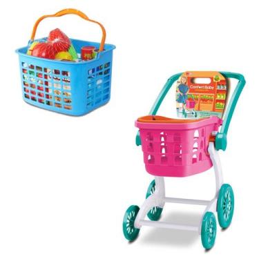 Imagem de Kit Brinquedo Carrinho De Compras + Cestinha De Feirinha - Samba Toys