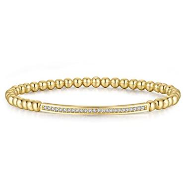 Imagem de Pulseira elástica com contas de ouro para mulheres e meninas banhada a ouro 14 k 4 mm redonda zircônia cúbica barra curvada pulseira elástica feita à mão minimalista presente