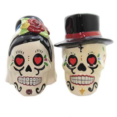 Imagem de Pacific Giftware Saleiro e pimenteiro de cerâmica Day of The Dead Bride and Groom Skulls
