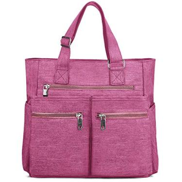 Imagem de Bolsa de lona impermeável de nylon com vários bolsos, bolsa de ombro para laptop bolsa de trabalho para professores e bolsas para mulheres e homens, Rosa 2, Medium