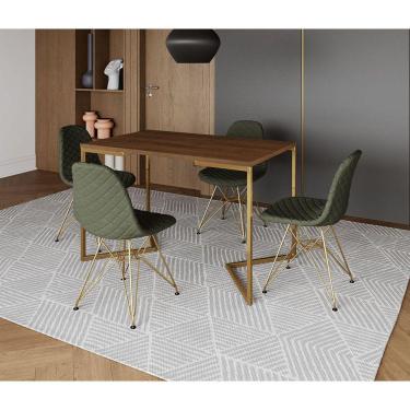 Imagem de Mesa Jantar Industrial Retangular Amêndoa 120x75 Base V com 4 Cadeiras Estofadas Verde Aço Dourado
