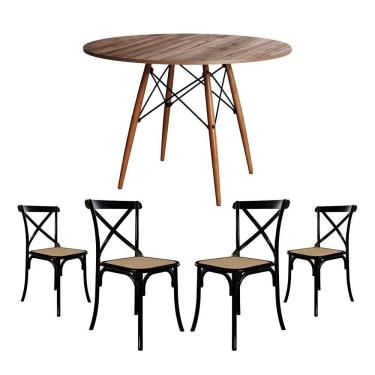 Imagem de Conjunto De Mesa Eiffel Redondo Tampo De Madeira 90Cm Amêndoa Com 4 Cadeiras Katrina Preto