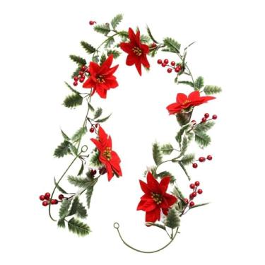 Imagem de Kokiya Guirlanda de natal com luzes de natal vermelho poinsettia flor guirlanda folhas e bagas guirlanda para lareira casa, Folhas com borda branca