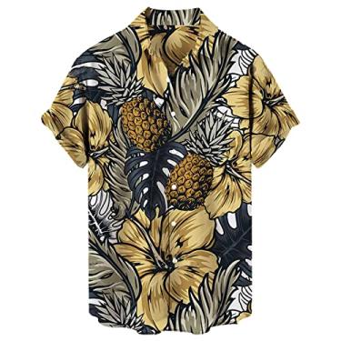 Imagem de Camisetas grandes para homens casuais com estampa de lapela solta manga curta punhos estilo porta botão camisa floral senhora areia, Azul-marinho, 4G