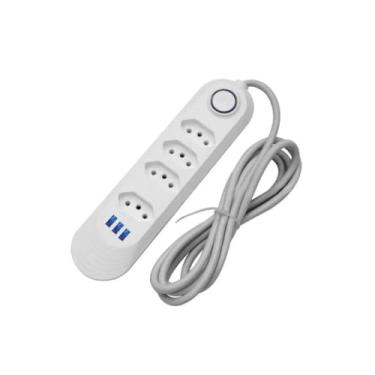 Imagem de Extensão Elétrica 2m Com 4 Tomadas e 3 Entradas USB com Botão Bivolt 4 Tomadas Botão Liga Desliga Branca Segura