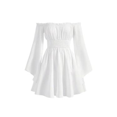 Imagem de Camisa Feminina Off Shoulder Frill Trim Flounce Sleeve Dress (Color : White, Size : L)