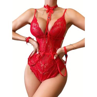 Imagem de SweatyRocks Conjunto de lingerie feminina de 2 peças floral de renda com laço frontal body de pelúcia alças finas macacão sem costas com gargantilha, Vermelho, Large