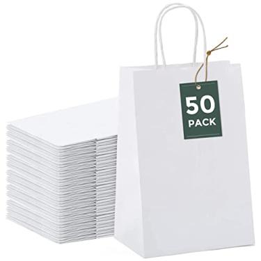 Imagem de GSSUSA 50 sacos de papel kraft brancos 13 x 9 x 20 cm, pequenos sacos de papel com alças para compras, presente, mercadoria, varejo, lembrancinhas de festa, casamento, presente, bolsas para pequenas