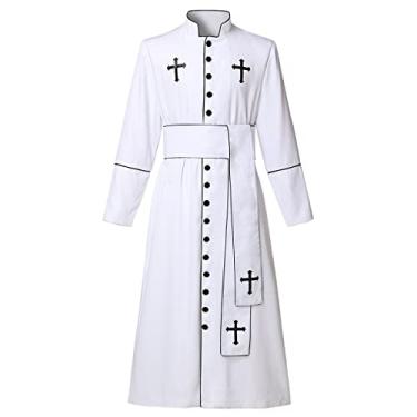 Imagem de Fantasia de padre masculina roupão de pastor romano com gola alta e cinto, Branco, P