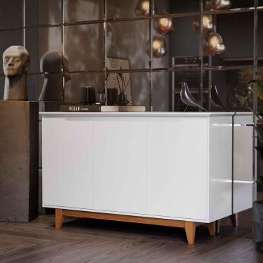 Imagem de Aparador Buffet Quarto Sala Flow 3 Portas com Pés de Madeira Branco - Rede Móveis