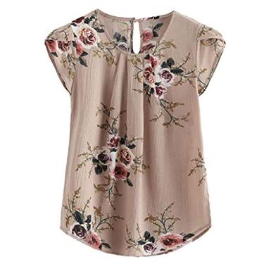 Imagem de Camiseta feminina de chiffon com gola canoa, manga curta, corte floral, medieval, rodada, blusa feminina 2024, D-768 cáqui, XG
