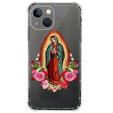 Imagem de CARLOCA Compatível com iPhone 14 Capa para meninas, transparente com estampa de flor, senhora, religião, de plástico, à prova de choque, capa protetora para Apple iPhone 14