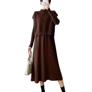 Imagem de JYHBHMZG Vestidos femininos outono Winte vestido tricotado vestido longo colete roupas femininas manga longa, Marrom escuro, P
