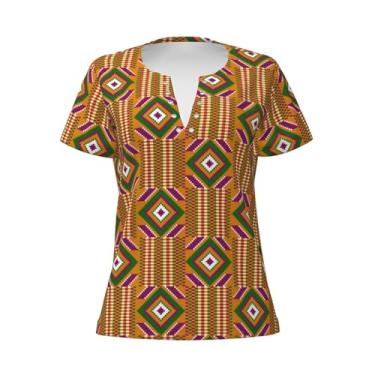 Imagem de Camisetas femininas de verão tribal com estampa africana de tecido Ghana Kente gola V manga curta divertida estampa gráfica camiseta casual, Tecido Ghana Kente Estampa Africana Tribal, XXG