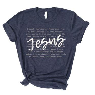 Imagem de Love in Faith | I Speak The Name of Jesus | Camisetas cristãs para mulheres | Vestuário baseado na fé | Presentes cristãos, Azul-marinho mesclado, GG