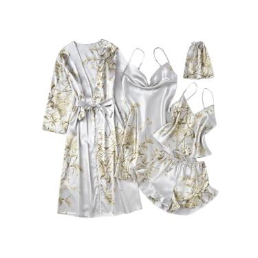 Imagem de WDIRARA Conjunto de pijama feminino, 5 peças, estampa floral, cetim, conjunto de pijama com short e minivestido com cinto, Cinza claro, M