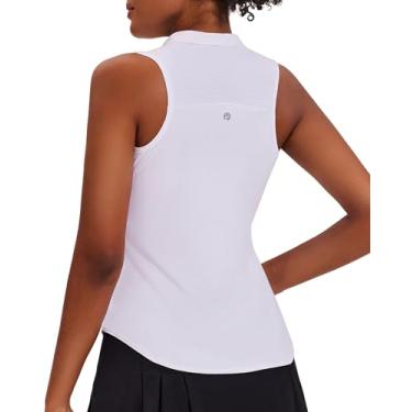 Imagem de PINSPARK Camisas de golfe femininas sem mangas FPS 50+ camisa polo tênis 1/4 zíper costas nadador camisetas de secagem rápida, Branco, G
