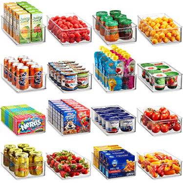 Imagem de Set Of 16 Refrigerator Organizer Bins - Plastic Pantry Organization and Storage Baskets - Stackable Food Fridge Organizers with Cutout Handles for Freezer, Kitchen, Countertops, Cabinets