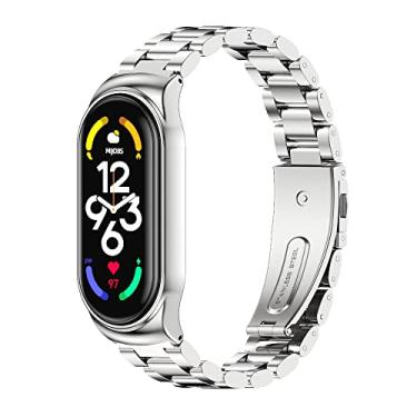 Imagem de Mejiwasmi Pulseira de substituição de metal compatível com Xiaomi Mi Band 7, pulseira de relógio para acessórios de smartwatch Miband 7 (metal prata)