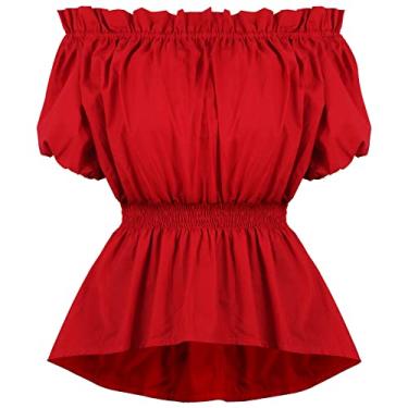 Imagem de Camisa feminina de pirata renascentista fantasia sexy ombro de fora bufante blusa camponesa por SUOSDEY, C, vermelho, X-Large