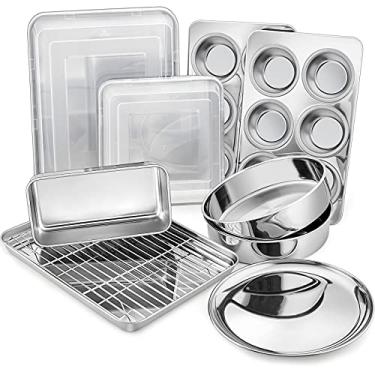 Imagem de P&P CHEF Conjunto de utensílios de cozinha de aço inoxidável, conjunto de 12 peças, assadeira com rack, forma de bolo quadrada com tampa, forma de lasanha, forma de pão, forma de muffin, bandeja de