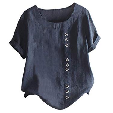 Imagem de Camisetas femininas de linho com gola redonda de linho de manga curta e mistura de algodão, Ofertas relâmpago azul-marinho, P
