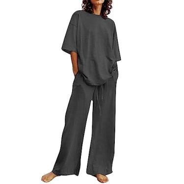 Imagem de Conjunto de duas peças de linho feminino casual de verão plus size, camisas de manga curta, tops grandes, algodão, pernas largas, conjunto de roupa de descanso, Zb1 - cinza escuro, G