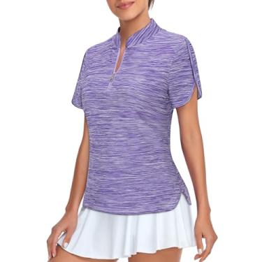 Imagem de Viracy Camisetas femininas de golfe manga curta fenda lateral ajuste solto 1/4 zíper camisa polo proteção UV secagem rápida tops atléticos, Roxo, P