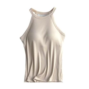 Imagem de Camiseta feminina com sutiã embutido de algodão com alça ajustável básica para ioga, camisetas elásticas e casuais de verão, Bege, G