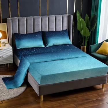 Imagem de TiuZelf Jogo de lençol Queen com glitter azul, para meninas, Galaxy Twinkle, lençol de cima e lençol com elástico, ultramacio e adequado para a pele, decoração de quarto infantil