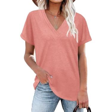 Imagem de Camisetas femininas de verão com gola V e manga curta, modernas, macias, casuais, confortáveis, roupas, Rosa coral, G