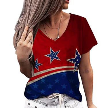 Imagem de Camisetas patrióticas femininas 4 de julho bandeira americana listras estrelas blusas verão Memorial Day camiseta manga curta, Vermelho, 3G