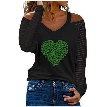 Imagem de Nagub Camiseta feminina St Patricks Day, manga comprida, gola V, trevo irlandês, ombros de fora, camisetas listradas de algodão, Amor, G