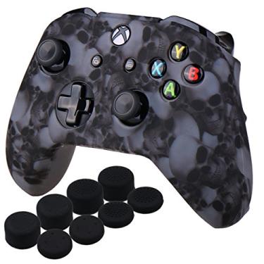 Imagem de YoRHa Water Transfer Printing Skull Silicone Cover Skin Case for Microsoft Xbox One X & Xbox One S Controller x 1(Grey) with PRO Thumb Grips x 8