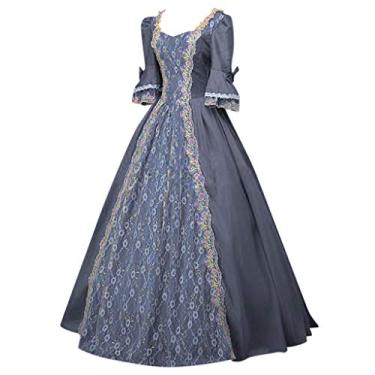 Imagem de Fantasia medieval feminina Aissance vestido longo com bolsos gola cordão manga sino vestido longo, Cinza, M