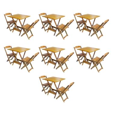 Imagem de Kit 7 Conjuntos de Mesa Dobravel com 2 Cadeiras de Madeira 70x70 para Restaurante e Bar - Caramelo
