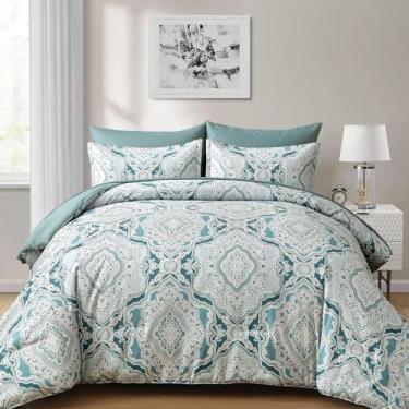 Imagem de Conjunto de edredom boho tamanho queen - 7 peças de cama boêmio aqua em um saco queen para todas as estações, conjunto de cama de microfibra macia com lençol de cima, lençol de elástico, fronhas e