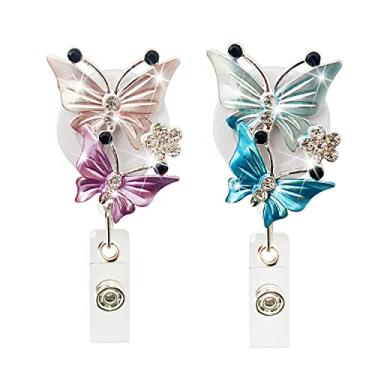 Imagem de Pacote com 2 carretéis retráteis de crachá de identificação de borboleta brilhante com clipe, cordão retrátil de 61 cm, porta-cartões de nome para trabalhadoras de escritório, médicas, meninas e