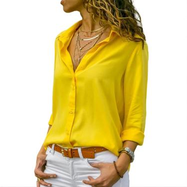 Imagem de Blusas femininas elegantes blusa de chiffon sólida primavera verão casual manga comprida gola em v camisa solta, amarelo, 5xl