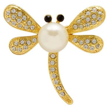 Imagem de Broche Strass e Pérola Libélula BRG0065 - Akasaki, Dourado