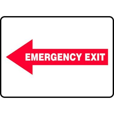 Imagem de Accuform Placa de alumínio MEXT558VA, legenda "Saída de emergência (seta para a esquerda)", 17,8 cm de comprimento x 25,4 cm de largura, branco em vermelho