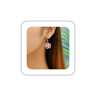 Imagem de Ximdble Brincos vintage com pingente de flor com contas de sementes, brincos de gota de flor rosa com contas de semente rosa, brincos de gancho, contas de arroz, joias femininas, Zinco, Sem pedra