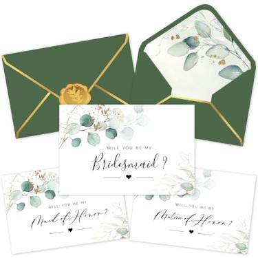Imagem de Whaline Pacote com 12 cartões de pedido de dama de honra folha dourada folhas verdes cartões de notas em branco Will You Be My Bridesmaid Cartões de felicitações com envelopes adesivos para chá de